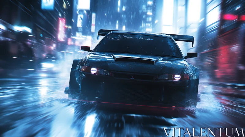 Street racing car speeds through wet neon city at night