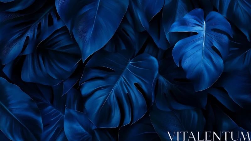 Deep indigo monstera leaves form a lush abstract canopy.