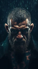 Bearded fighter glares under cold rain with harsh rim light.