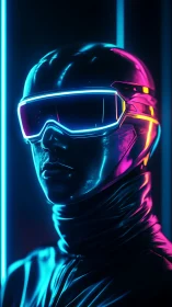 Cyberpunk neon visor portrait in high-gloss digital rendering.