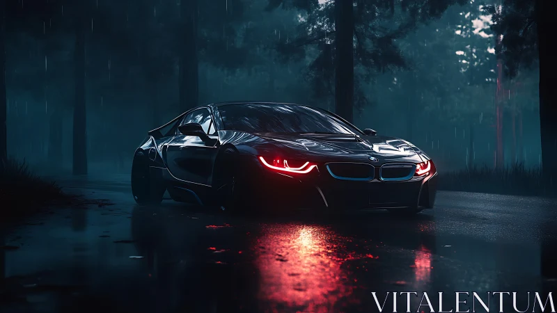 Sleek sports coupe idles on a rain-soaked forest road at night