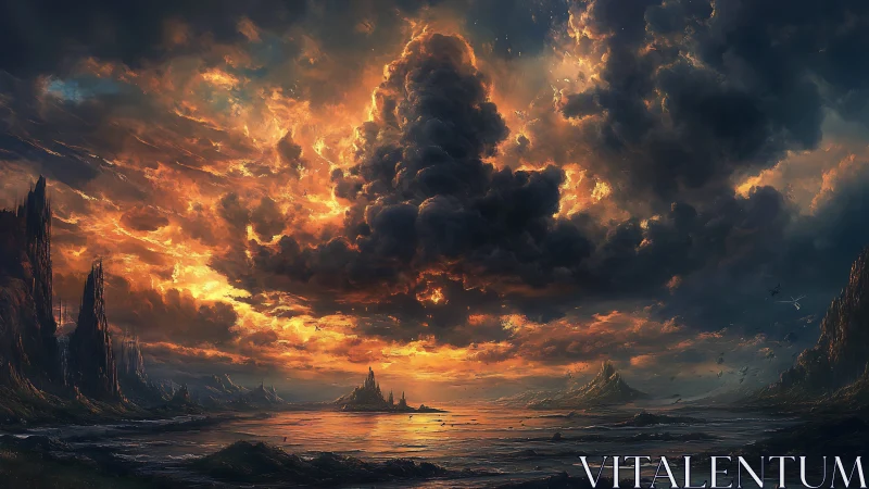 Fiery storm clouds crown a distant fantasy coastline at dusk