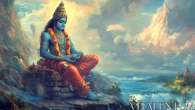 Blue mystic contemplates oceans beneath celestial citadels