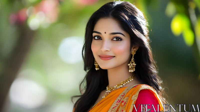 Graceful woman in golden saree under soft garden light.