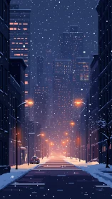 Snowy city street at night with distant glowing skyline.