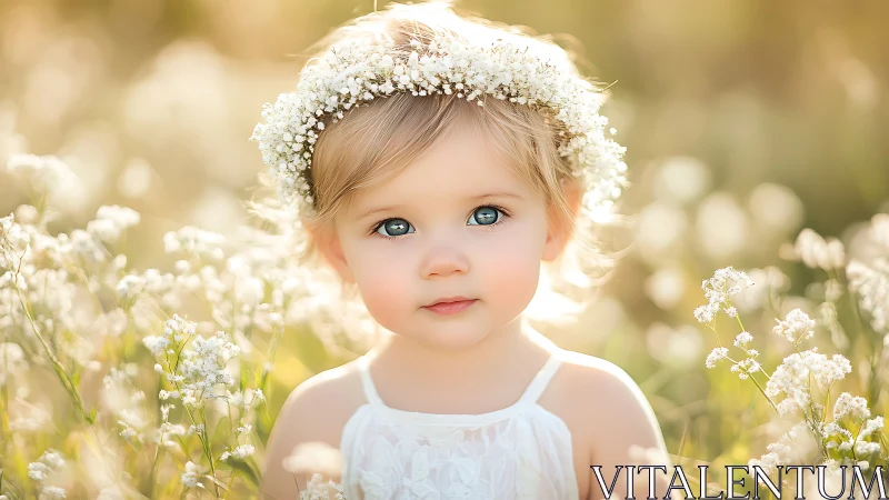 Toddler in White Floral Crown Surrounded by Baby's Breath.
