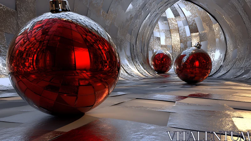 Metallic tunnel interior with reflective red spheres arrangement.