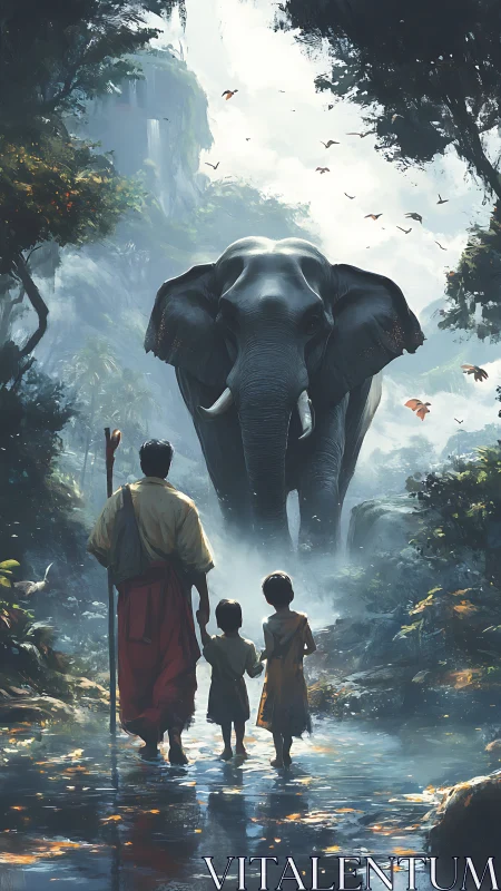 Digital painting of family and elephant in misted jungle passage.