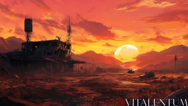 Postapocalyptic desert outpost under burning orange sunset.