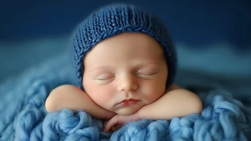 Serene Newborn Dreaming in Cobalt Cocoon.