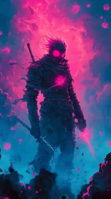 Neon-lit cyber assassin emerges from vaporous chromatic storm