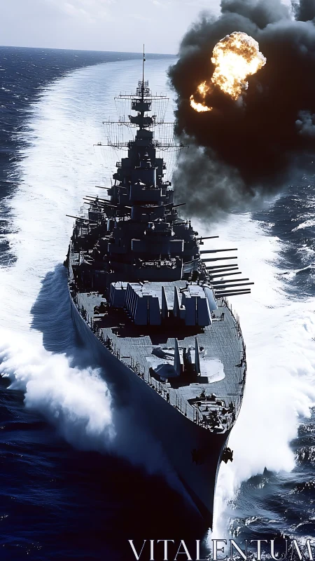 Battleship roars seaward as deck guns ignite the horizon.