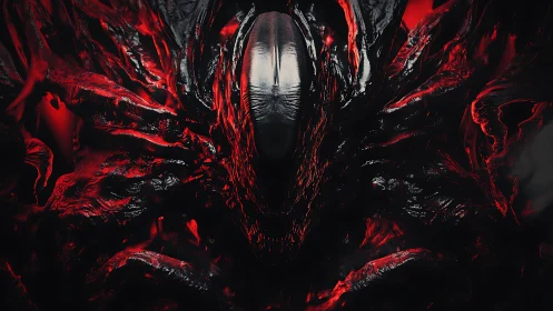 Liquid obsidian horror blossoms from molten crimson shadows