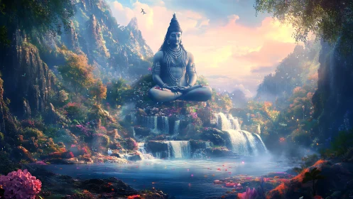 Tranquil deity above waterfalls in a glowing forest sanctuary.