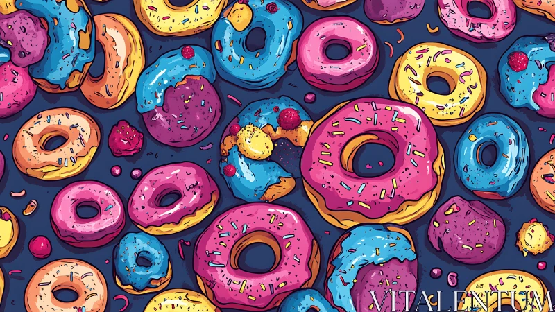 Playful frosted donuts create a vibrant candy-colored pattern