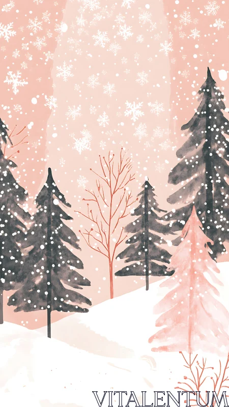 Snowy evergreen grove under soft blush winter sky.