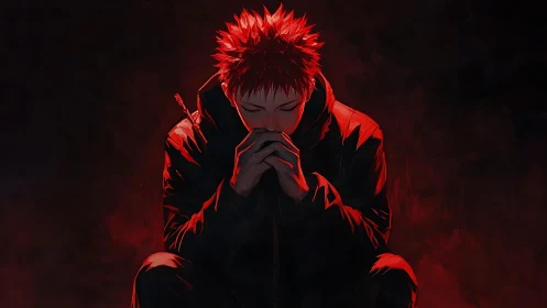 Red lit figure seated in dark void with clasped hands.