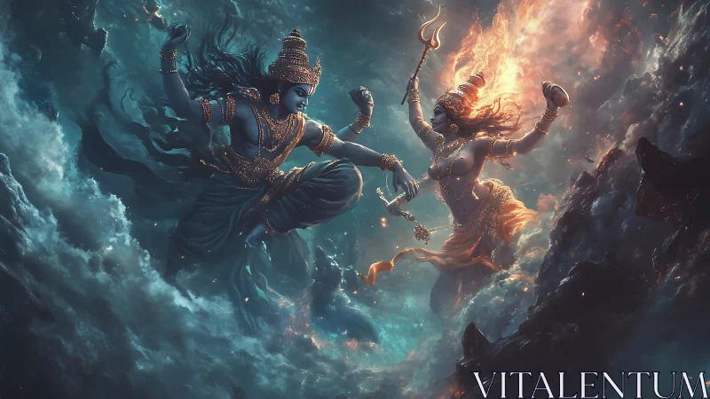 Divine celestial duel in storm-lit mythic cloudscape.