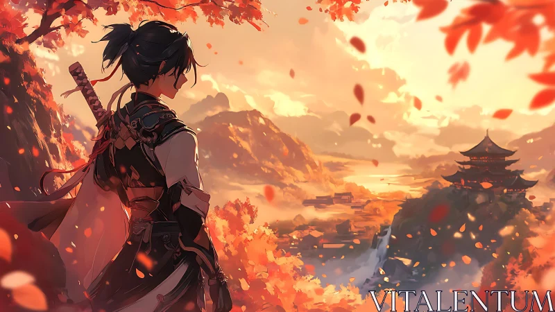 Digital painting of lone samurai in autumn mountain vista.