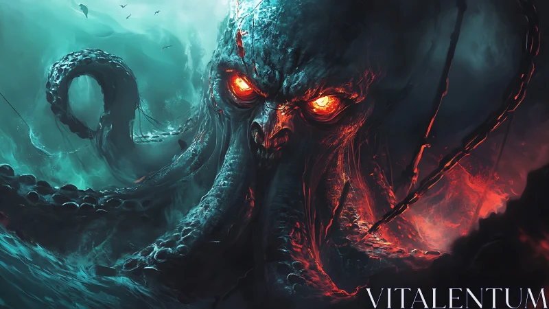 Digital painting of infernal kraken emerging from storm sea.