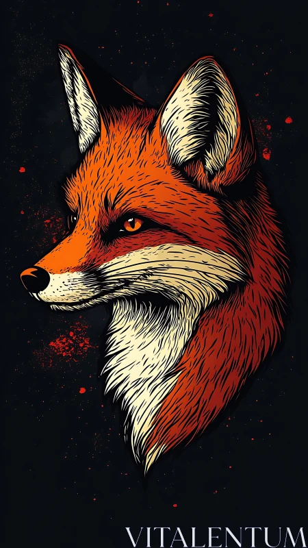 Ember-eyed fox portrait carved from midnight shadows.