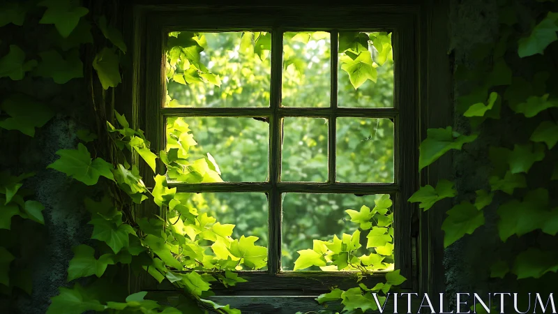 Aged wooden window overtaken by sunlit ivy foliage and diffuse bokeh