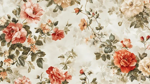 Floral Pattern with Roses and Botanical Elements on Cream Background