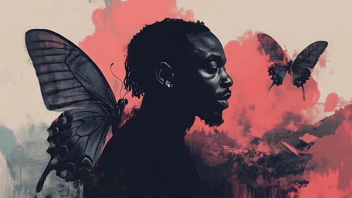 Portrait of a man with dark butterfly wings in red mist.