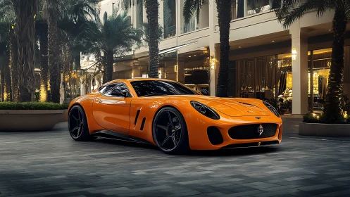 Orange supercar glows under palm-lined luxury boulevard lights.