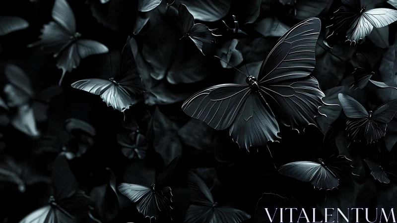 Dark metallic butterflies drift through a moody nocturnal haze