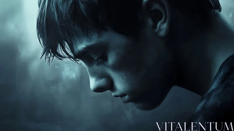 Moody side profile of a pensive boy in cool blue light.