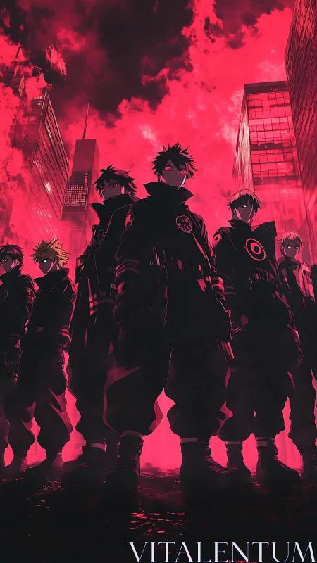 Parametric neon uprising of masked urban tacticians at dusk.