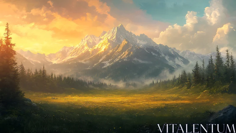 Sunlit alpine meadow rests beneath dramatic snowy peaks.