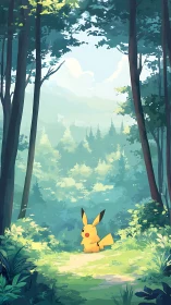 Pikachu in Verdant Forest: Atmospheric Digital Landscape.