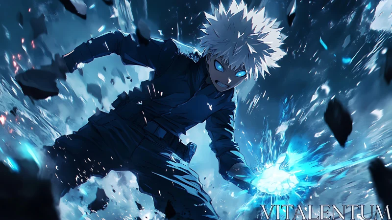 White-haired boy unleashes blue energy blast in battle