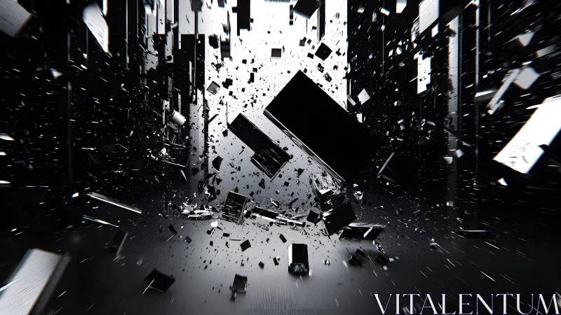 Abstract black cubes exploding in digital futuristic art style.