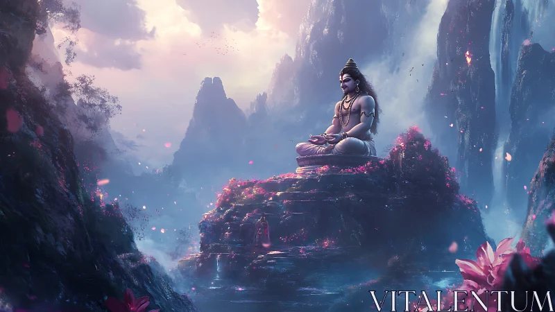 Meditating deity on mountain altar in glowing misty valley.