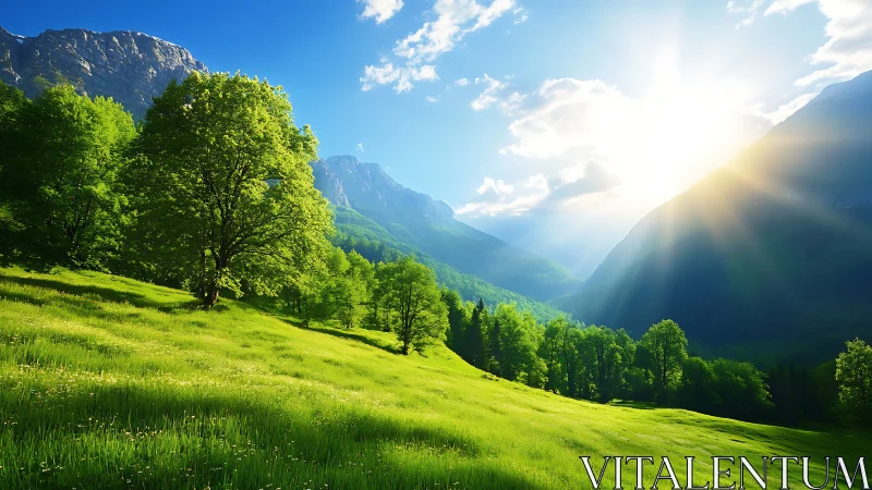 Sunlit mountain meadow where quiet hillsides breathe easy.