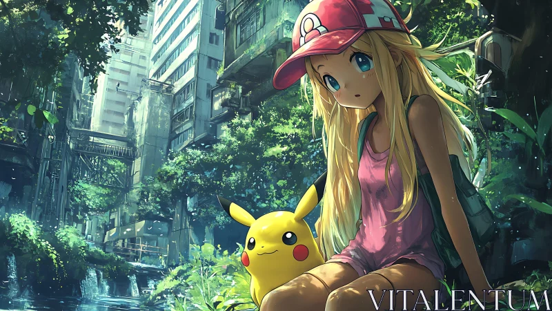 Curious girl and Pikachu rest in a lush overgrown city refuge