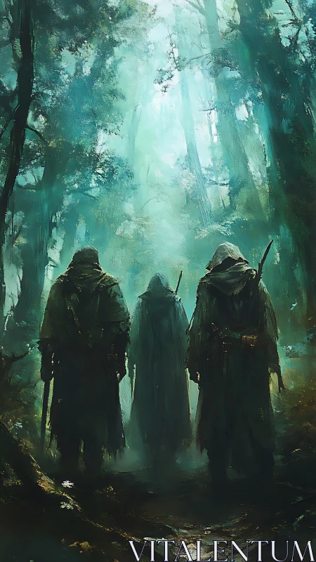 Cloaked wanderers cross a mistlit forest of whispered secrets.