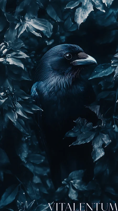 Mysterious Black Bird Perched Among Moody Blue Foliage