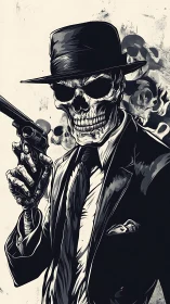 Skeletal hitman in noir suit gripping revolver illustration.