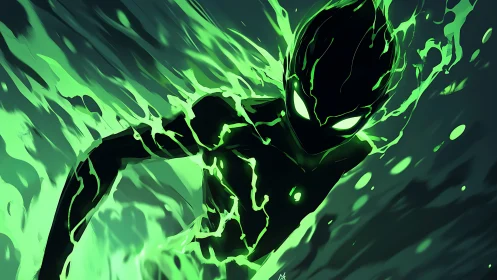 Luminescent humanoid silhouette accelerates through toxic plasma