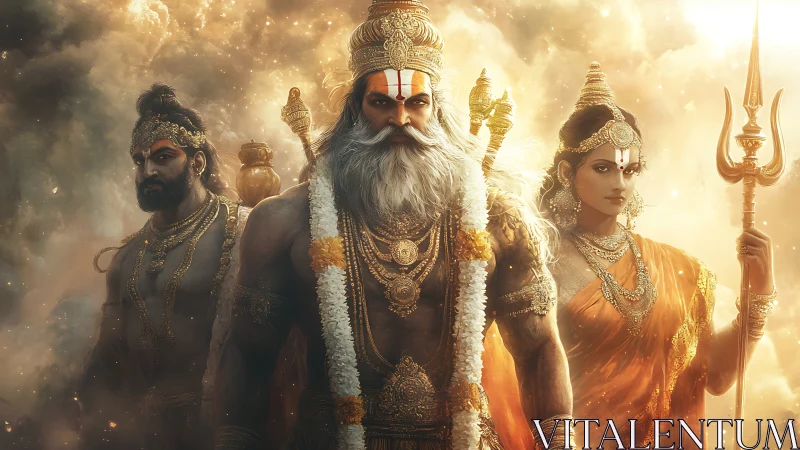 Storm-lit celestial guardians stride through molten dawn.