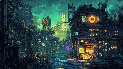 Cyberpunk industrial alley with neon-lit modular high-rises.