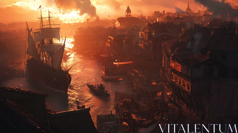 Fiery sunset illuminates bustling historic harbor cityscape