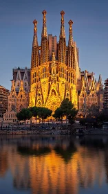Illuminated basilica façade with towers reflected in water.