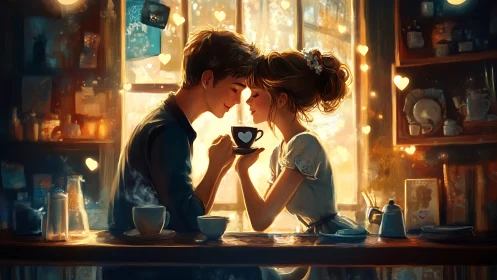 Two figures sharing beverage in warm interior setting.