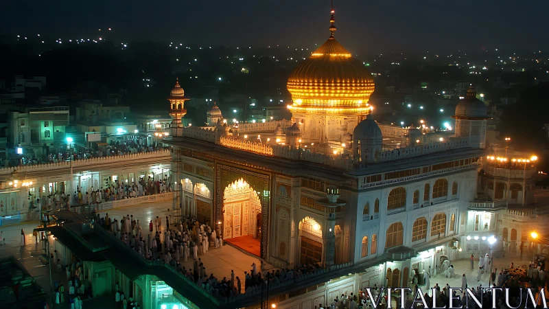 Illuminated golden-domed shrine glows over crowded night courtyard