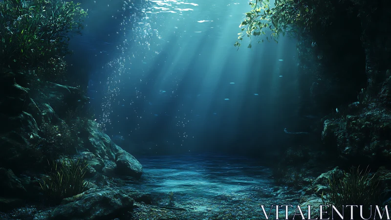 Sunlit underwater cave floor shows rocks, plants, and clear water